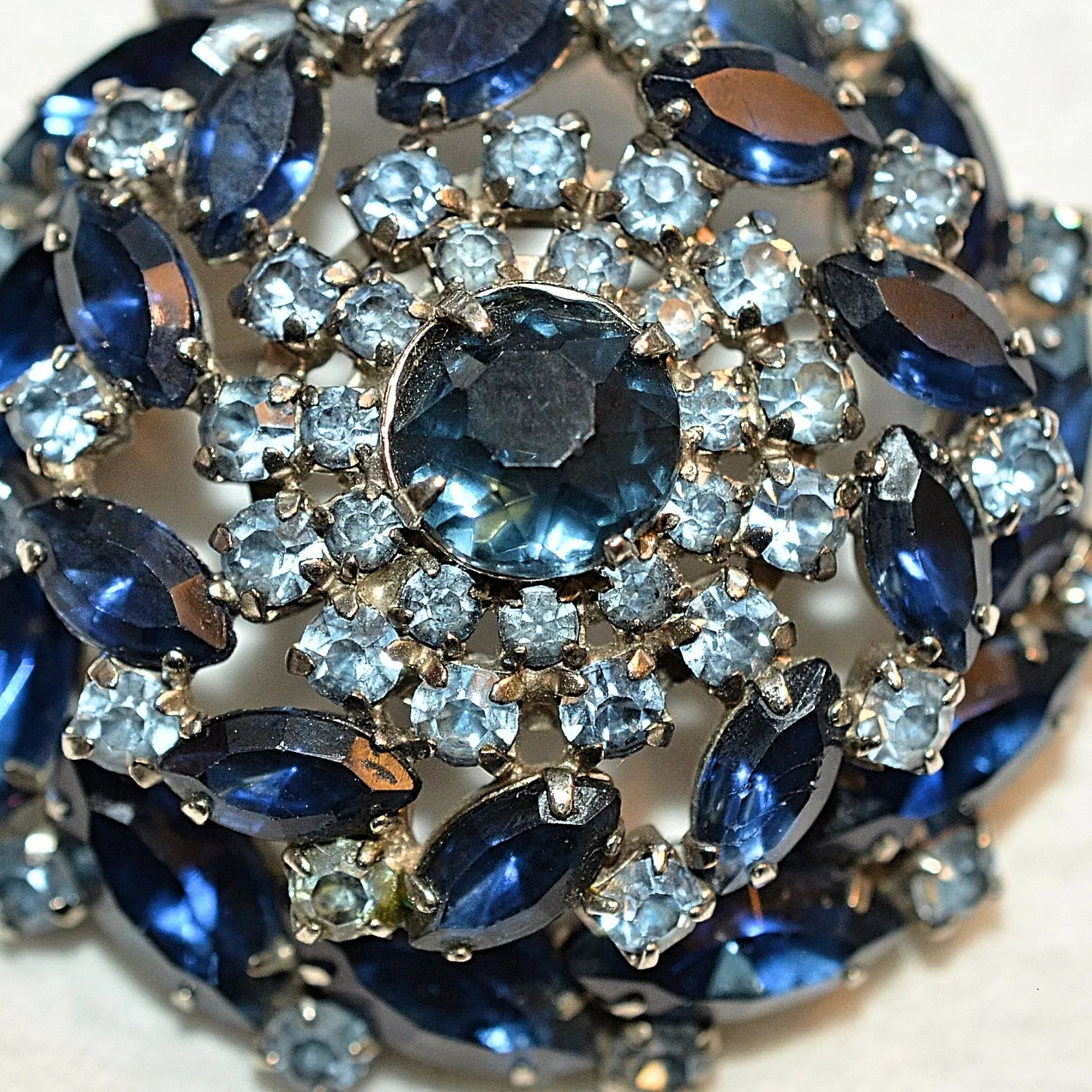 SOLD Vintage Blue Rhinestone Brooch, MCM Costume Jewelry 2" Dia