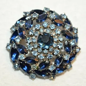 SOLD Vintage Blue Rhinestone Brooch, MCM Costume Jewelry 2" Dia