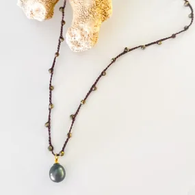 Tahitian Pearl   Pyrite Crochet Necklace