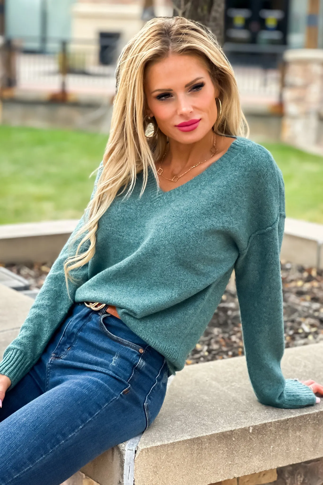 The Palmer Exposed Stitch V-Neck Sweater : Jade