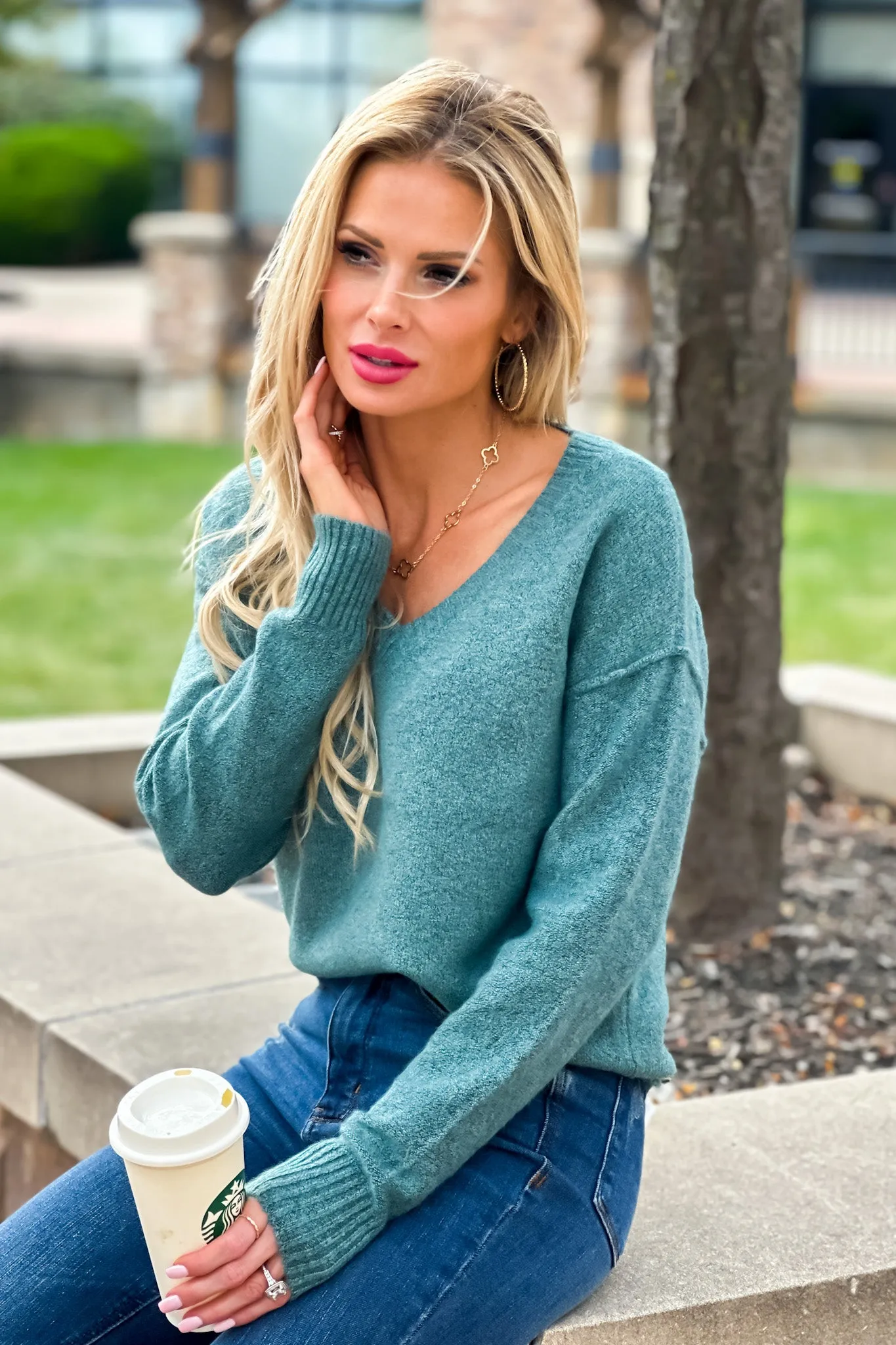 The Palmer Exposed Stitch V-Neck Sweater : Jade