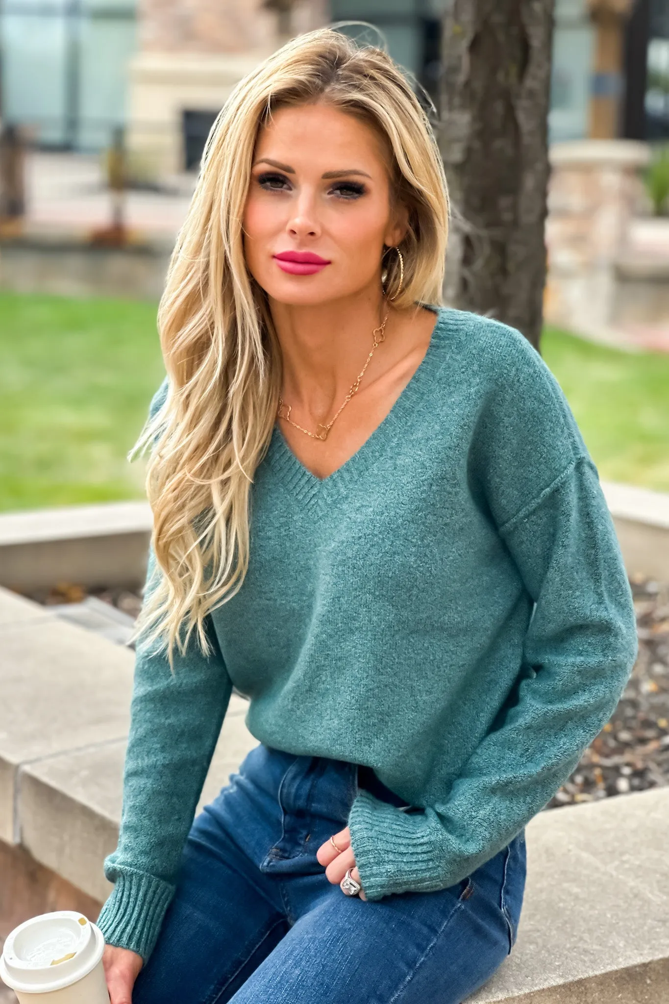 The Palmer Exposed Stitch V-Neck Sweater : Jade