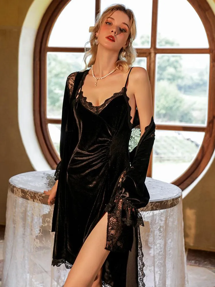 Velvet Sexy Lingerie Women's Sleepwear Nightgown, Lace Suspender Nightdress, Wedding Dressing Gown Loungewear Set