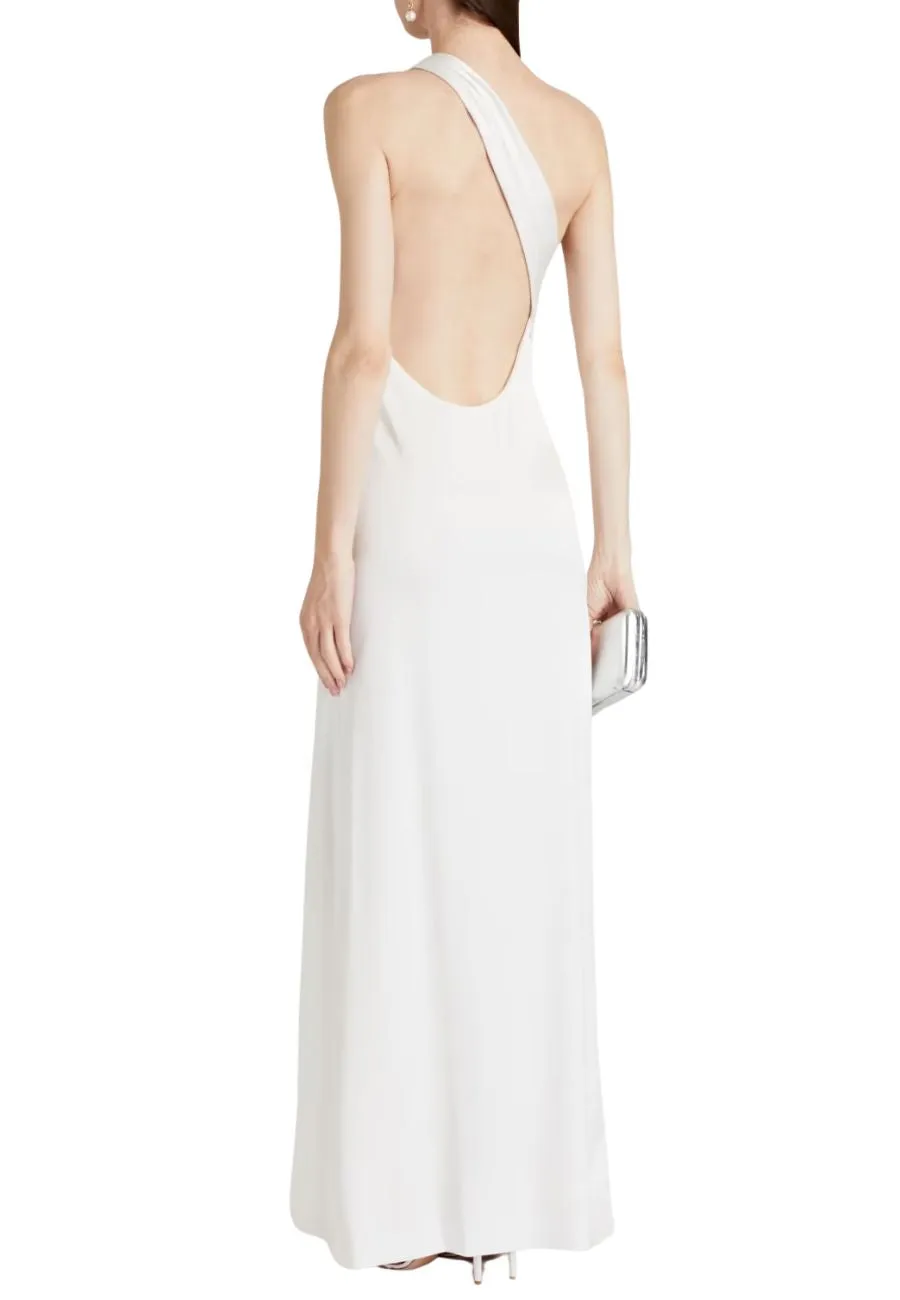 White Paulette One Shoulder Open Back Satin Gown