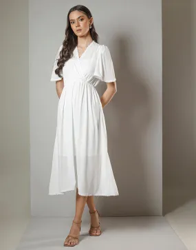 White Wrap Style Flared Sleeve Dress