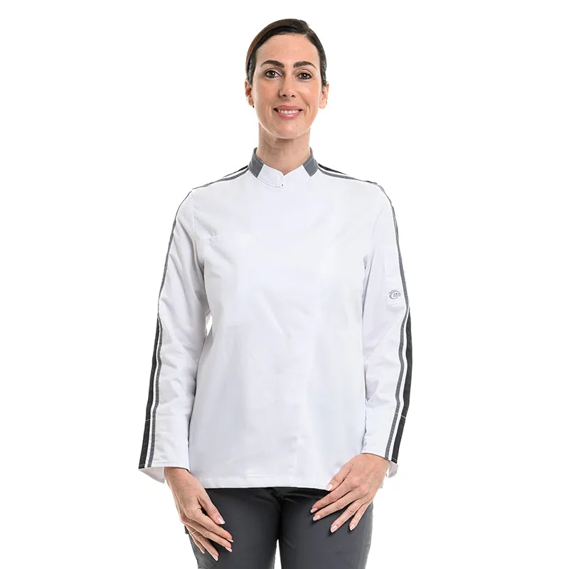 Women Long Sleeve White Kitchen Coat with Black Piping - MOLINEL