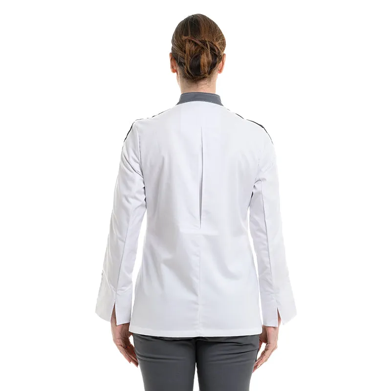 Women Long Sleeve White Kitchen Coat with Black Piping - MOLINEL