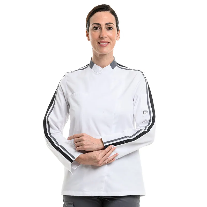 Women Long Sleeve White Kitchen Coat with Black Piping - MOLINEL