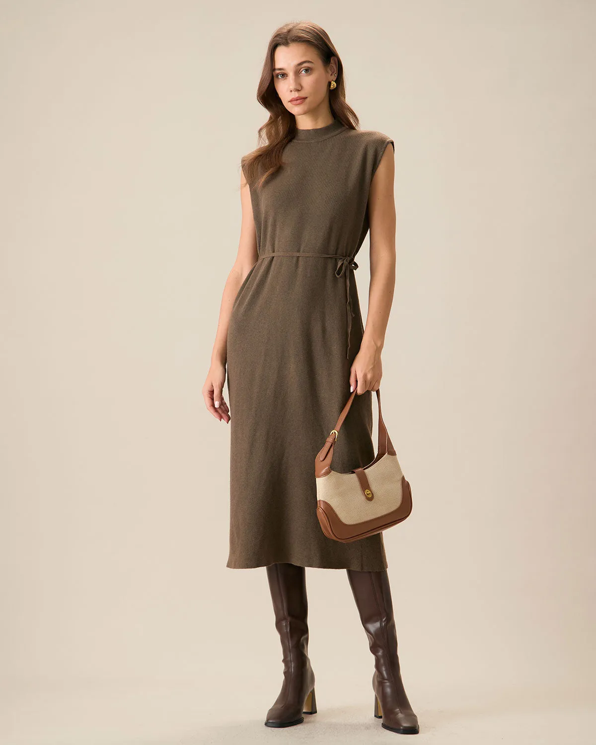 Women's Coffee Ribbed Knit Tunic Sweater Dress