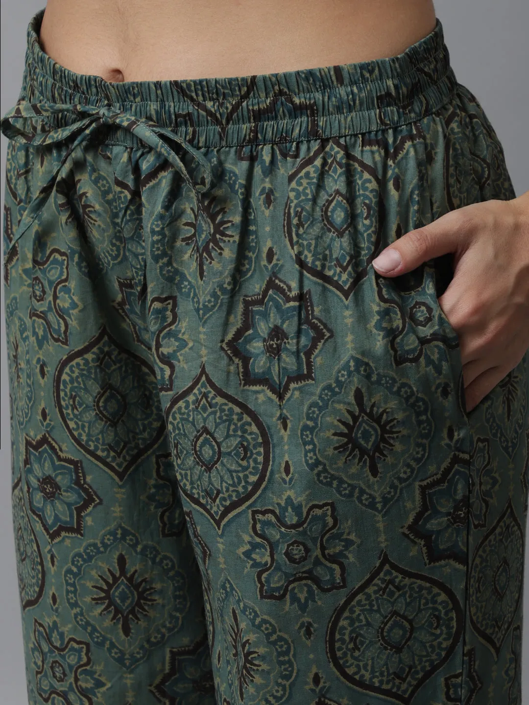 Women's Green Floral Cotton Pyjama / Lounge Pants - Green