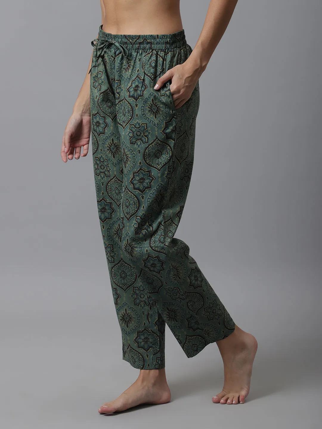 Women's Green Floral Cotton Pyjama / Lounge Pants - Green