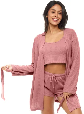 Women's Knit Robe and Pajamas Set - Robe, Cami Top and Sleep Shorts