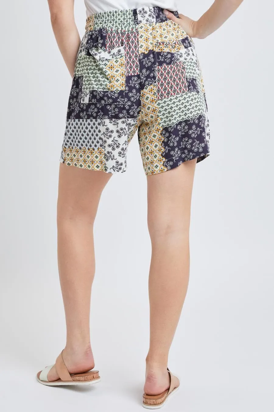 Women's Printed Elastic Waistband High Rise Linen Shorts