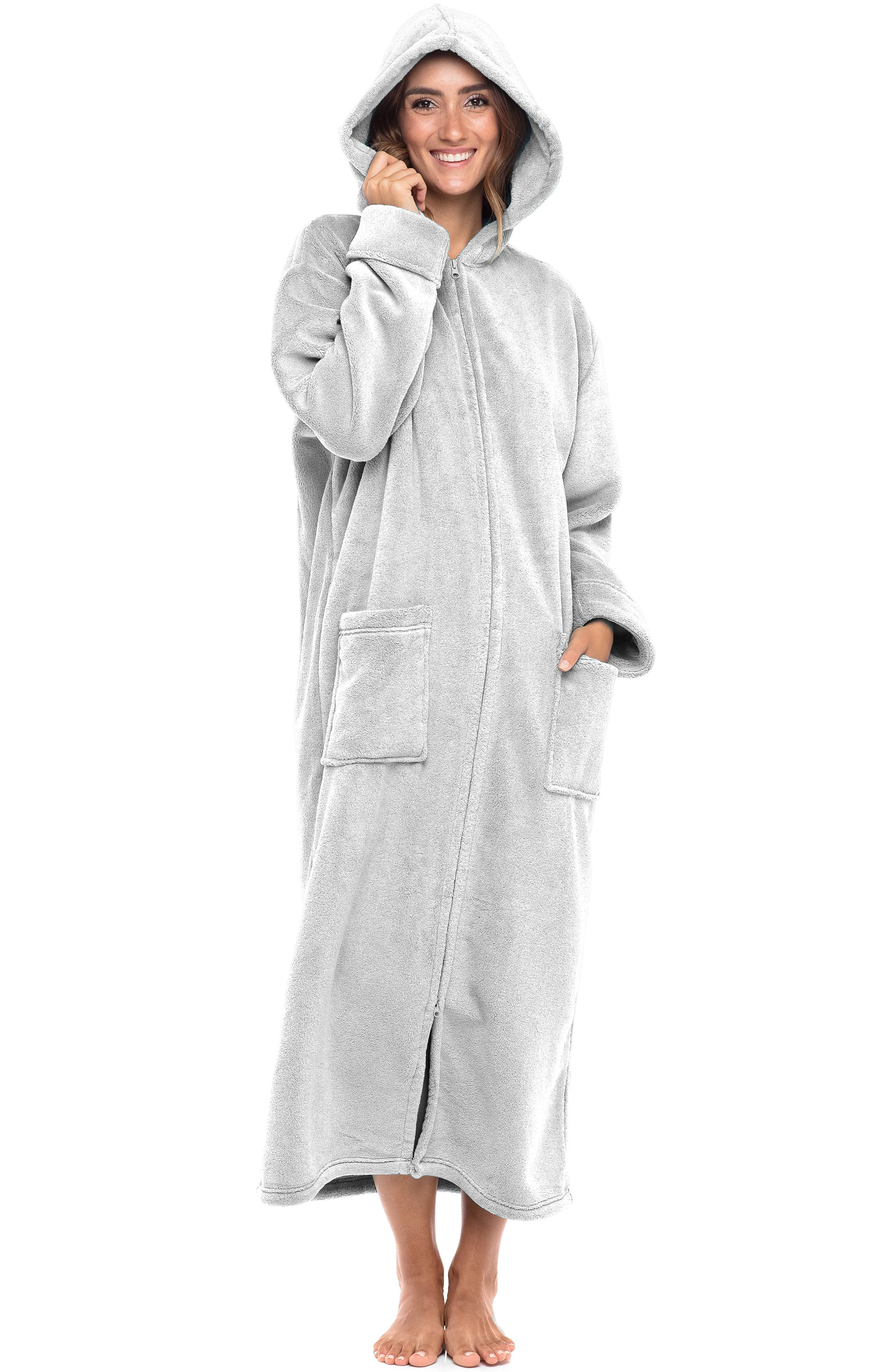 Women's Zip Up Fleece Robe with Hood, Oversized Hooded Bathrobe with Two Way Zipper