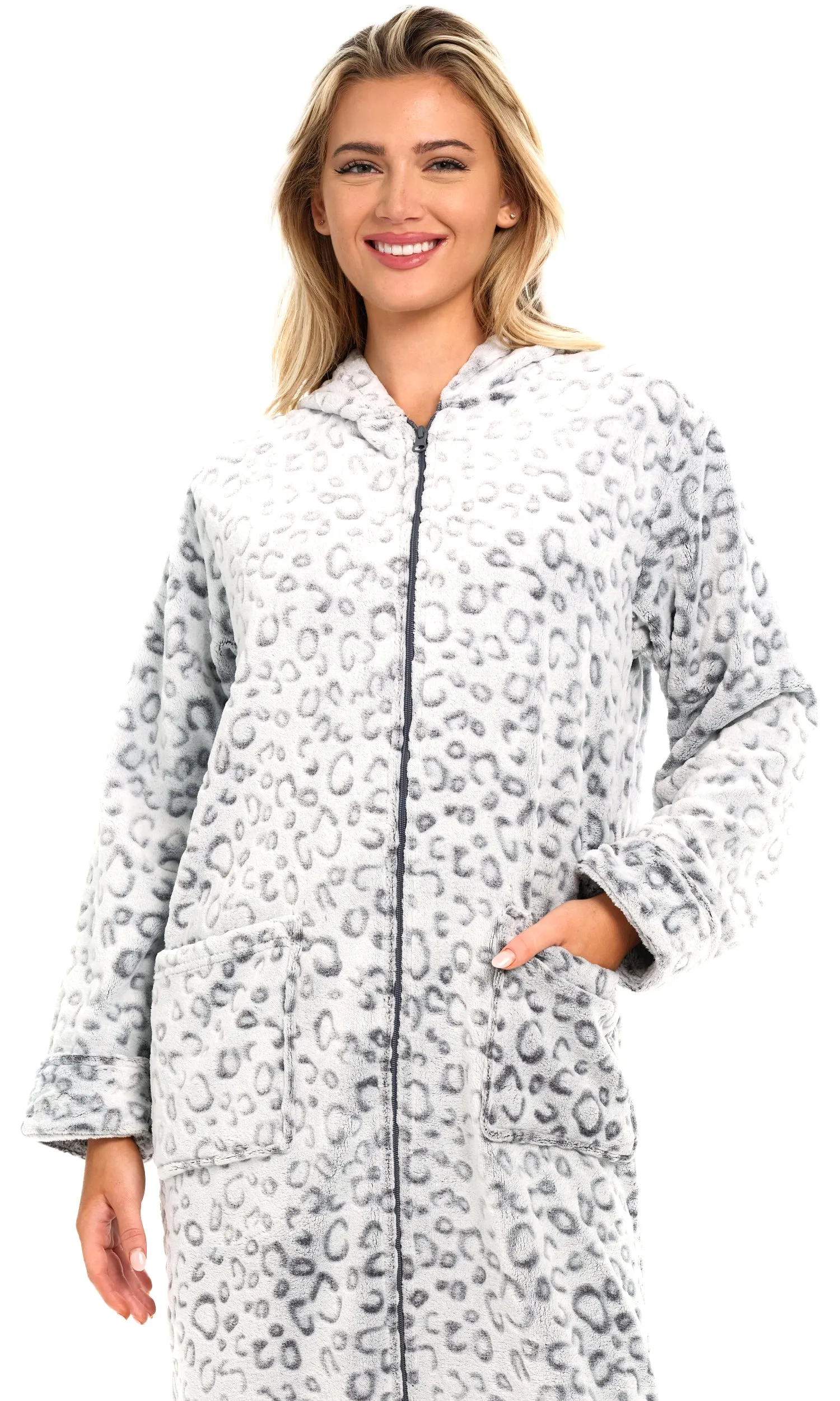 Women's Zip Up Fleece Robe with Hood, Oversized Hooded Bathrobe with Two Way Zipper