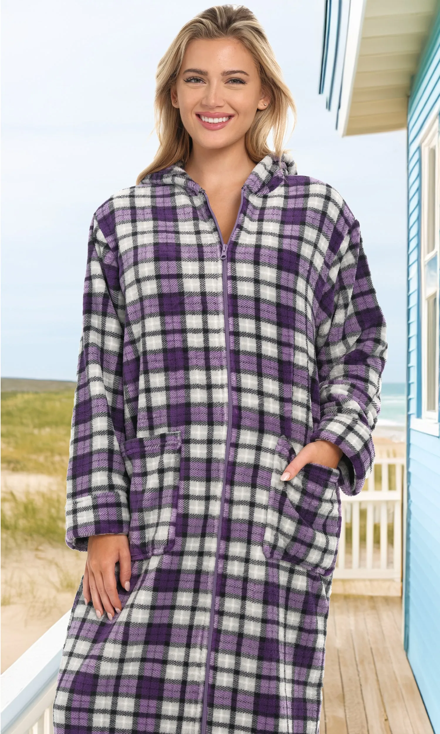 Women's Zip Up Fleece Robe with Hood, Oversized Hooded Bathrobe with Two Way Zipper