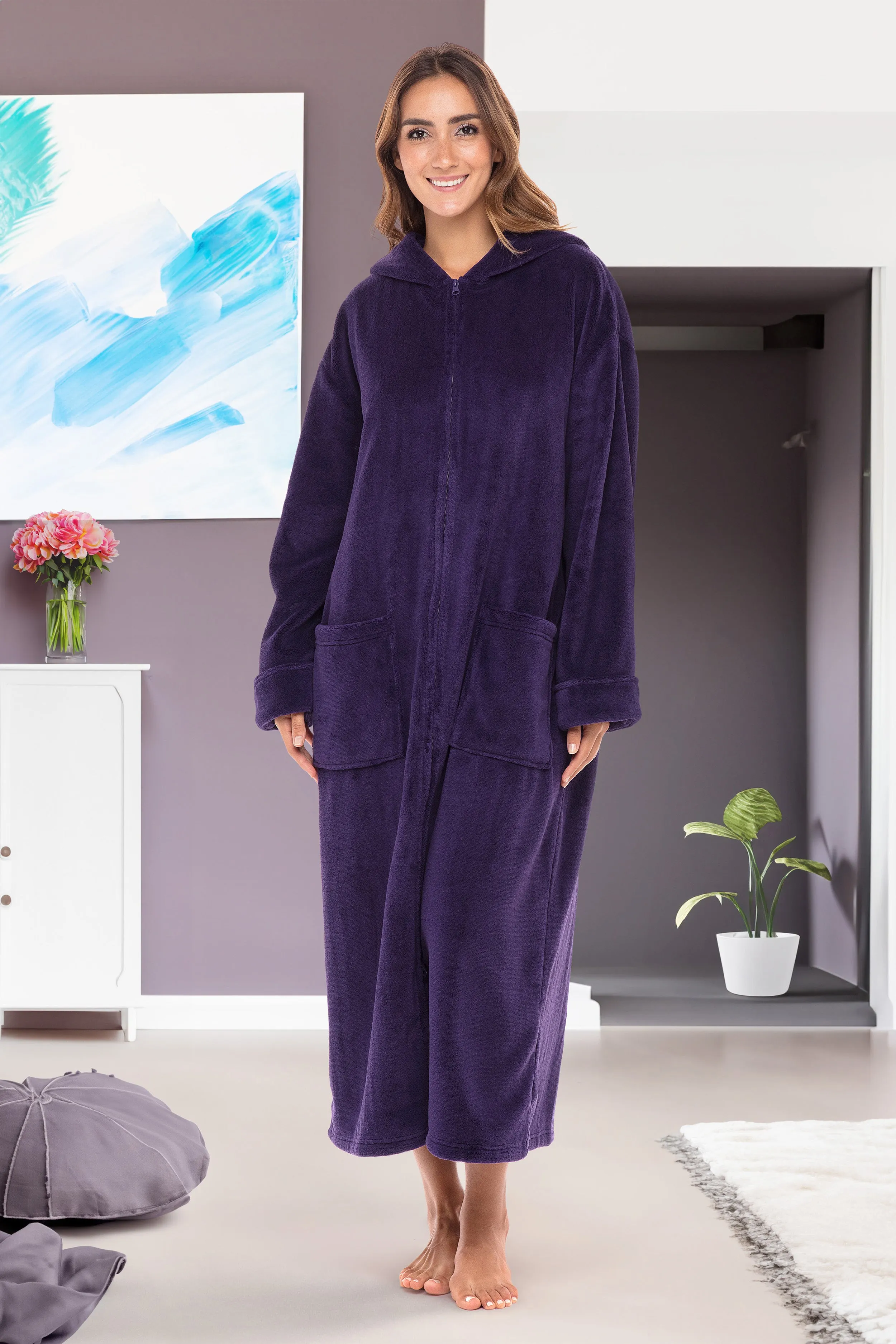 Women's Zip Up Fleece Robe with Hood, Oversized Hooded Bathrobe with Two Way Zipper