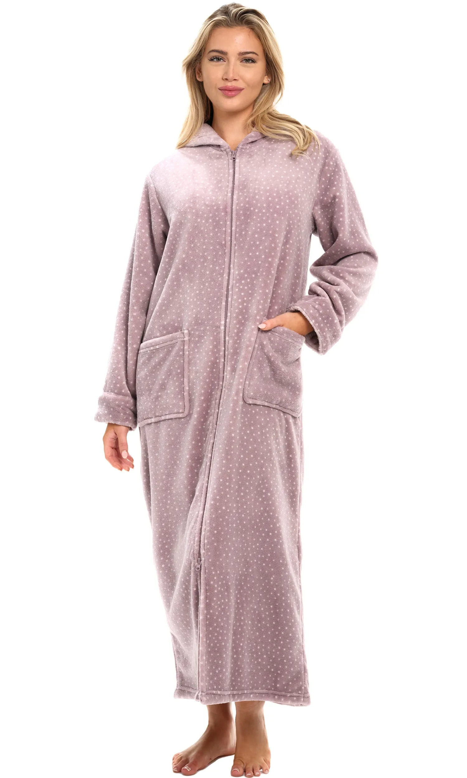 Women's Zip Up Fleece Robe with Hood, Oversized Hooded Bathrobe with Two Way Zipper