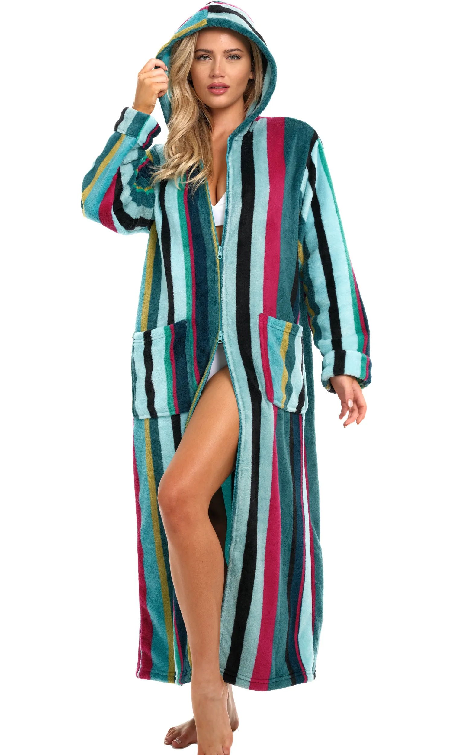 Women's Zip Up Fleece Robe with Hood, Oversized Hooded Bathrobe with Two Way Zipper