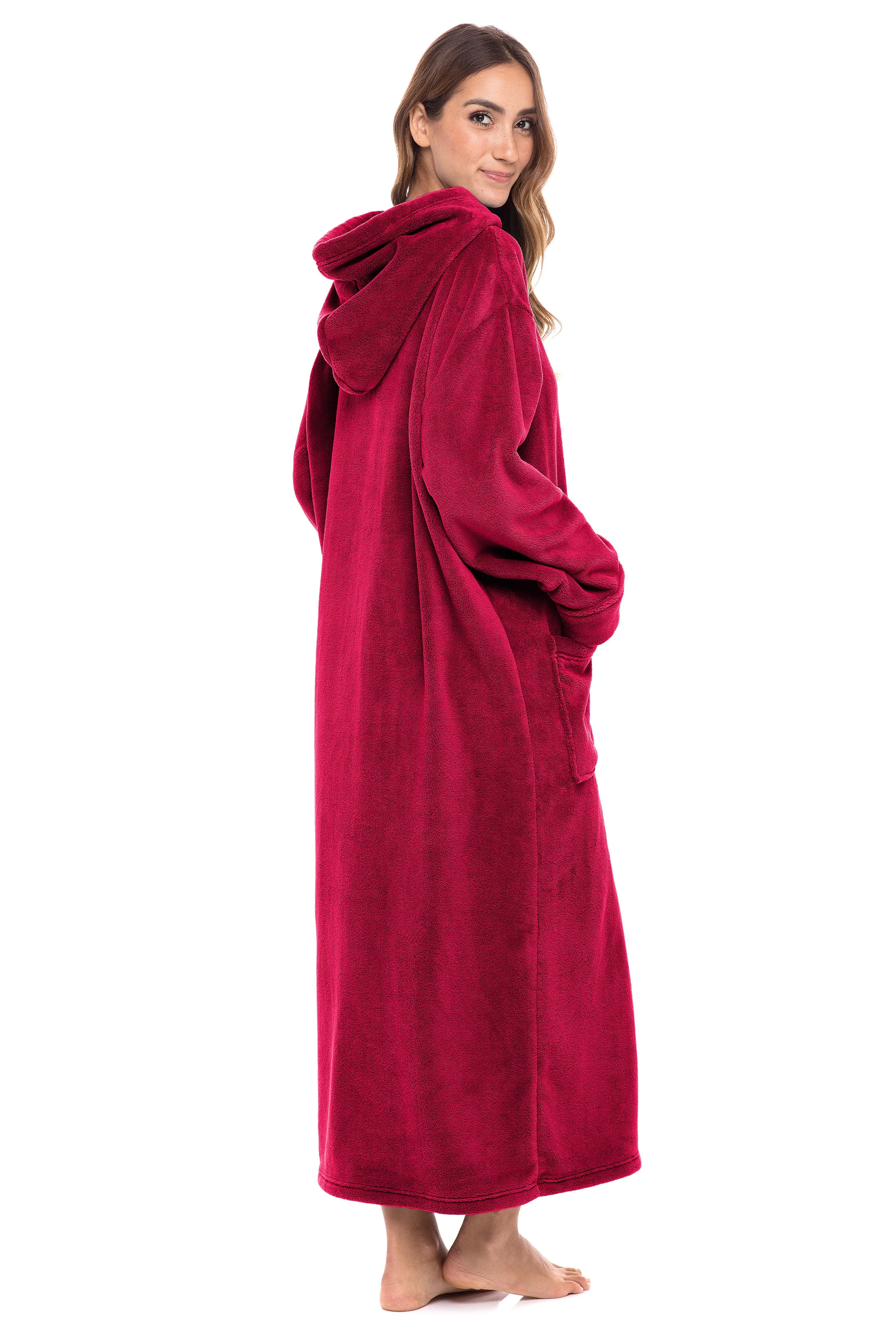 Women's Zip Up Fleece Robe with Hood, Oversized Hooded Bathrobe with Two Way Zipper