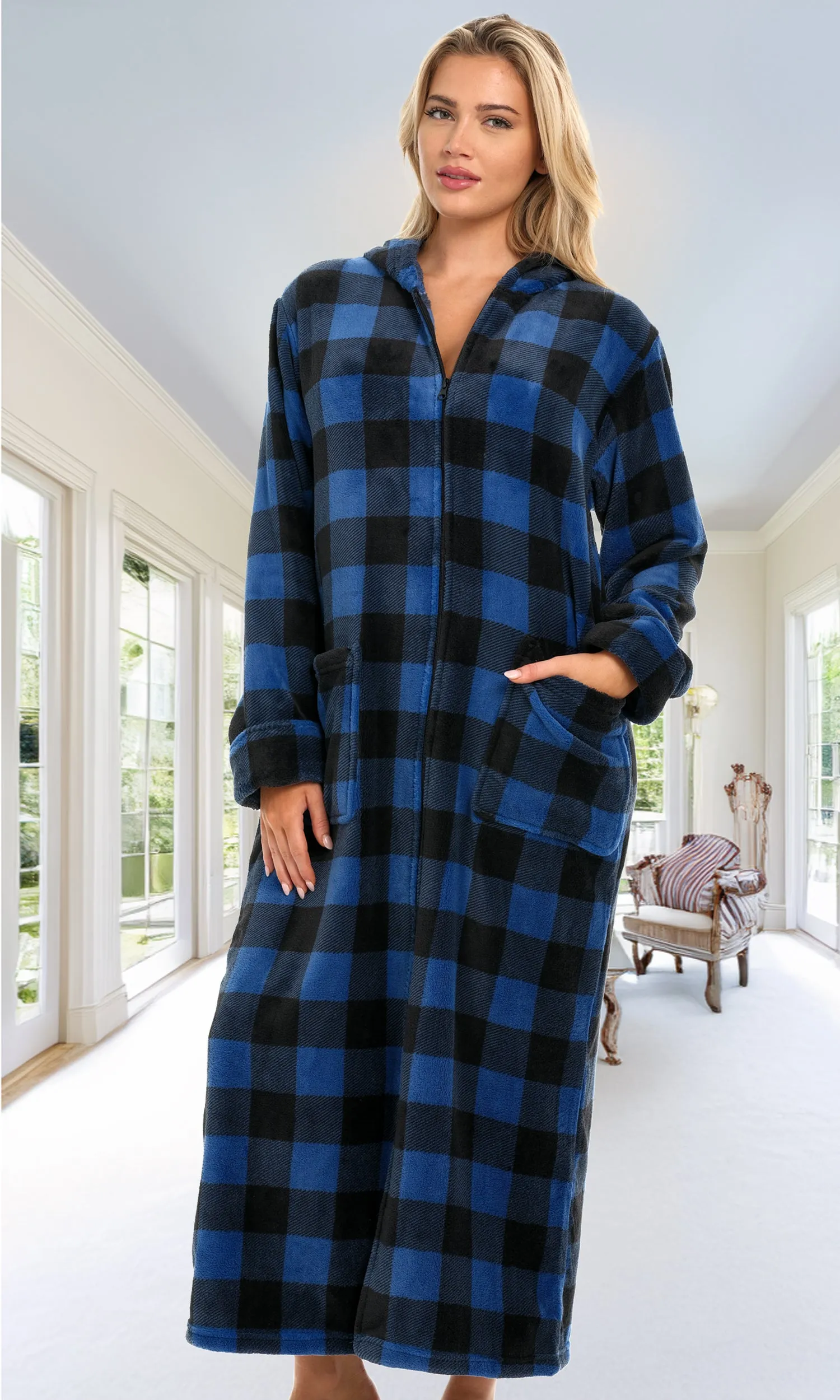 Women's Zip Up Fleece Robe with Hood, Oversized Hooded Bathrobe with Two Way Zipper