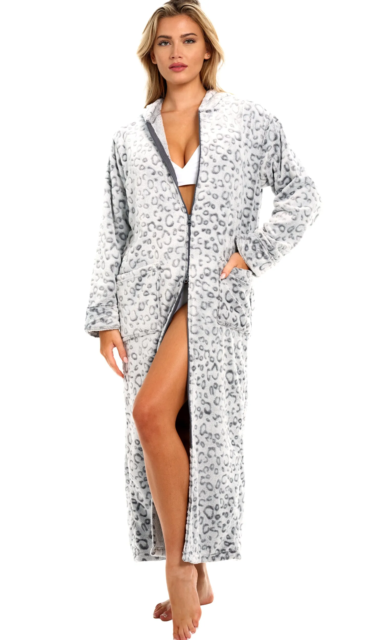 Women's Zip Up Fleece Robe with Hood, Oversized Hooded Bathrobe with Two Way Zipper