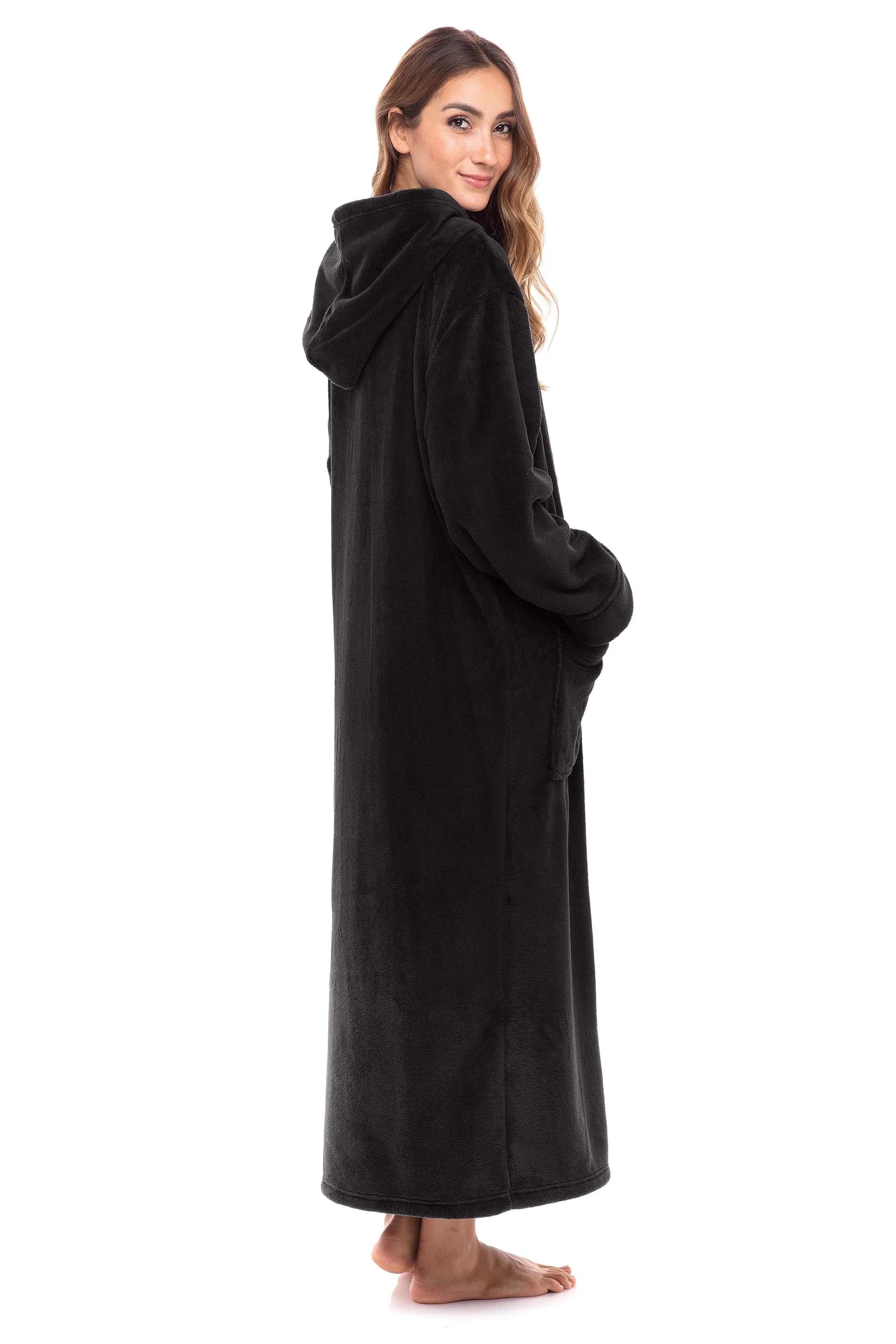 Women's Zip Up Fleece Robe with Hood, Oversized Hooded Bathrobe with Two Way Zipper