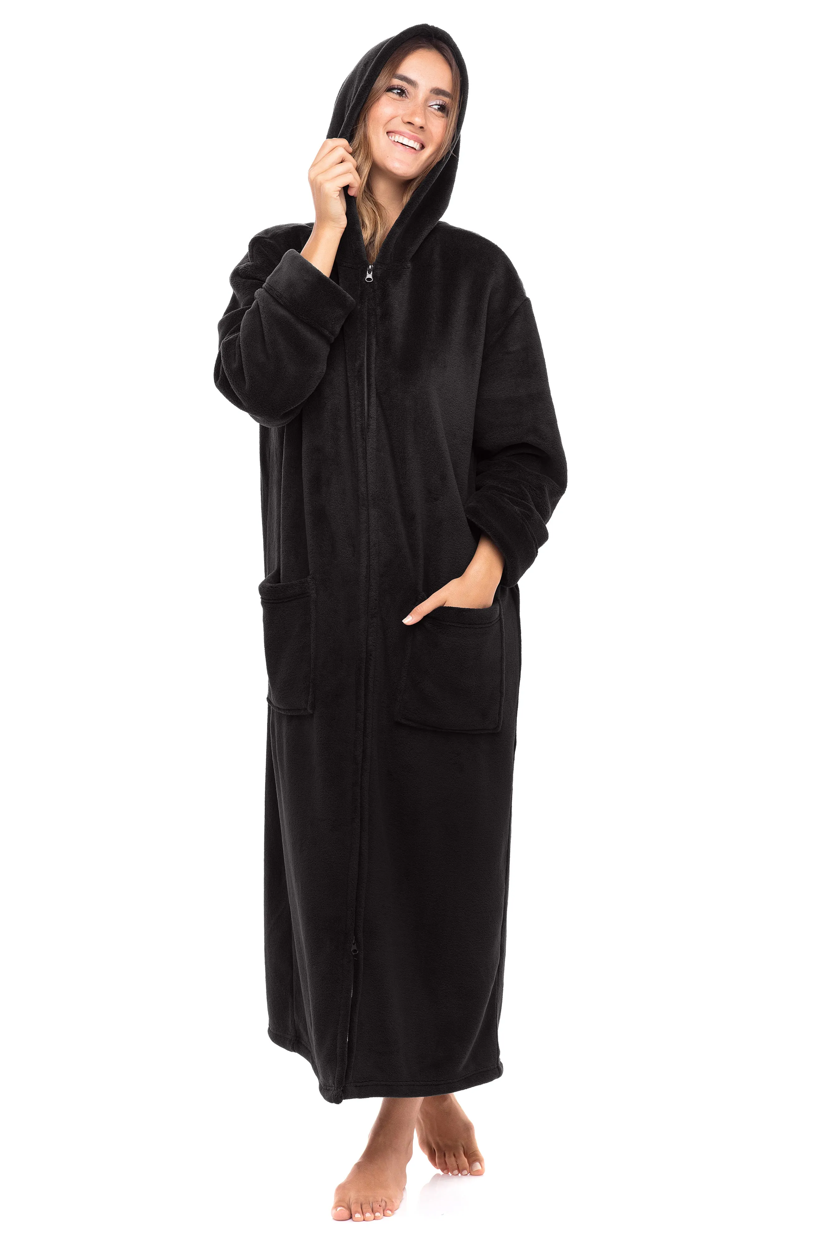 Women's Zip Up Fleece Robe with Hood, Oversized Hooded Bathrobe with Two Way Zipper