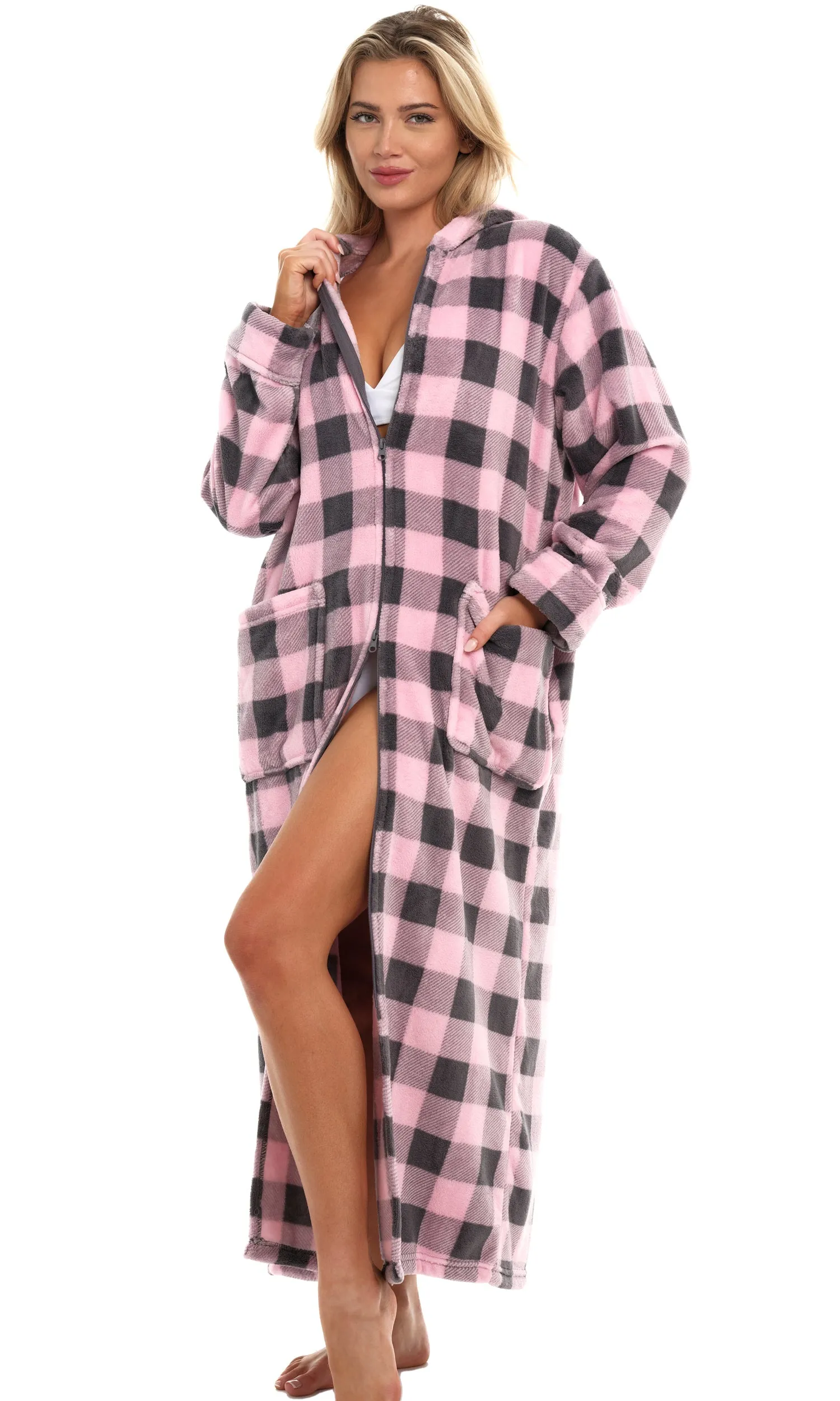 Women's Zip Up Fleece Robe with Hood, Oversized Hooded Bathrobe with Two Way Zipper