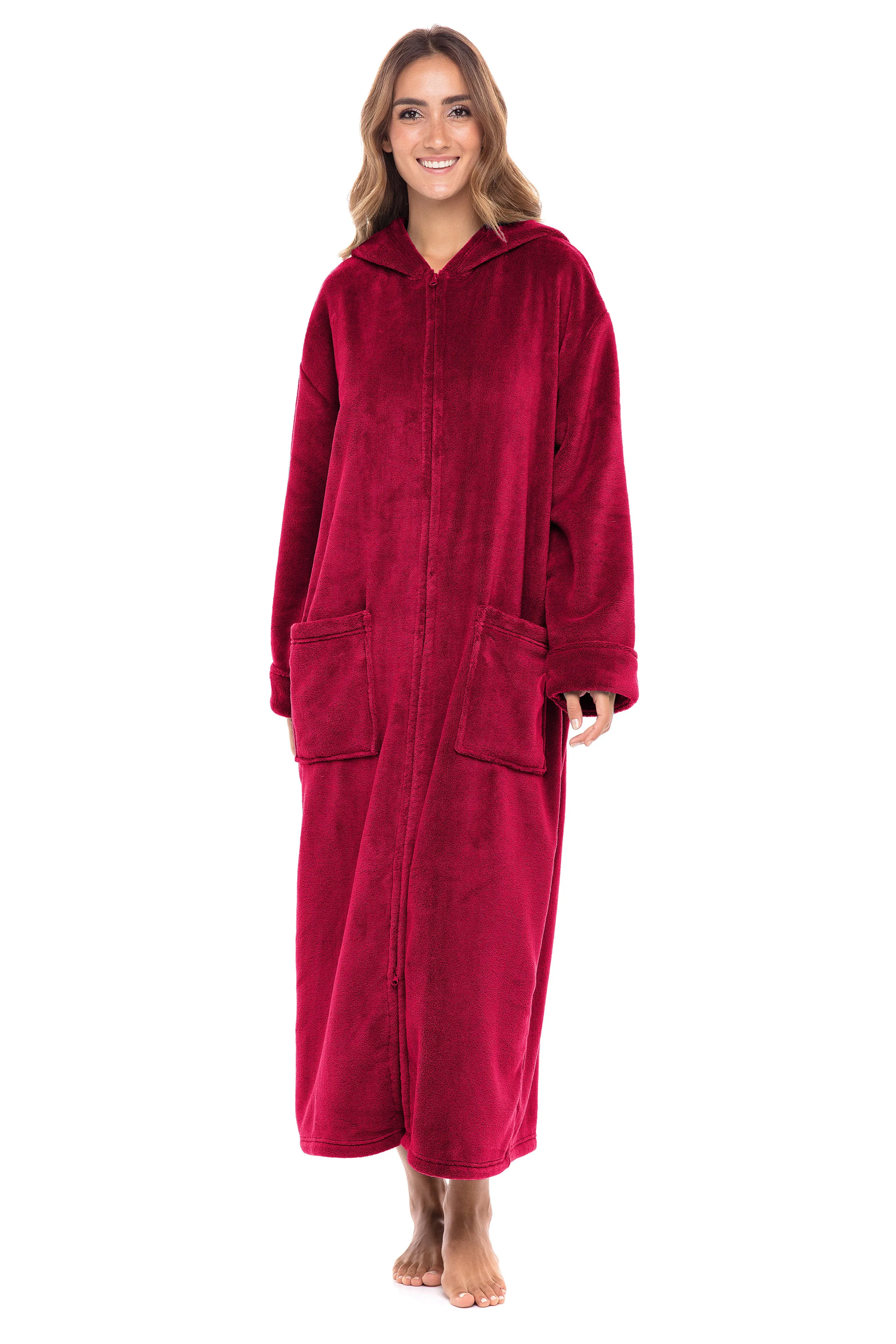 Women's Zip Up Fleece Robe with Hood, Oversized Hooded Bathrobe with Two Way Zipper