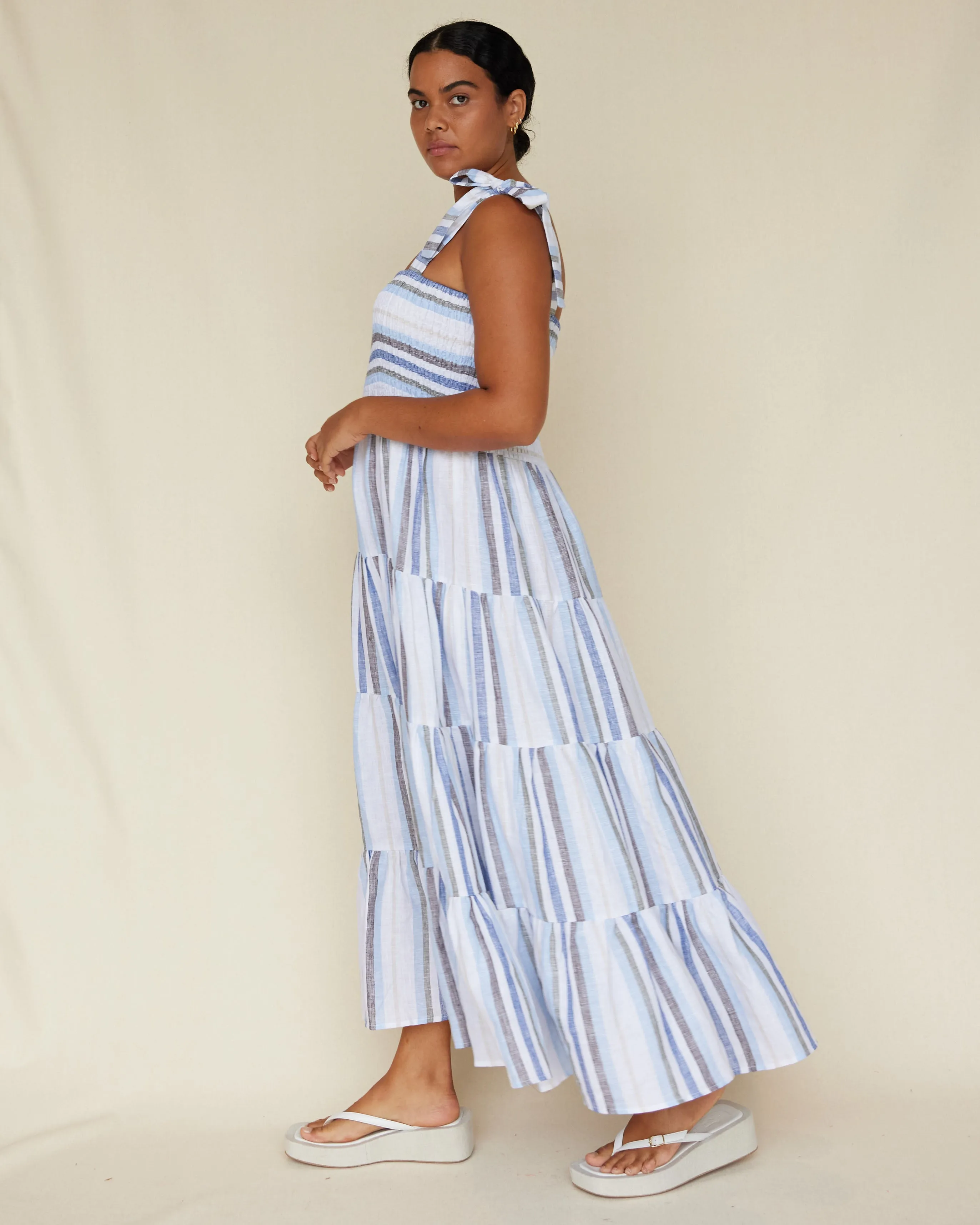 Zanci Stripe Linen Dress - Blue