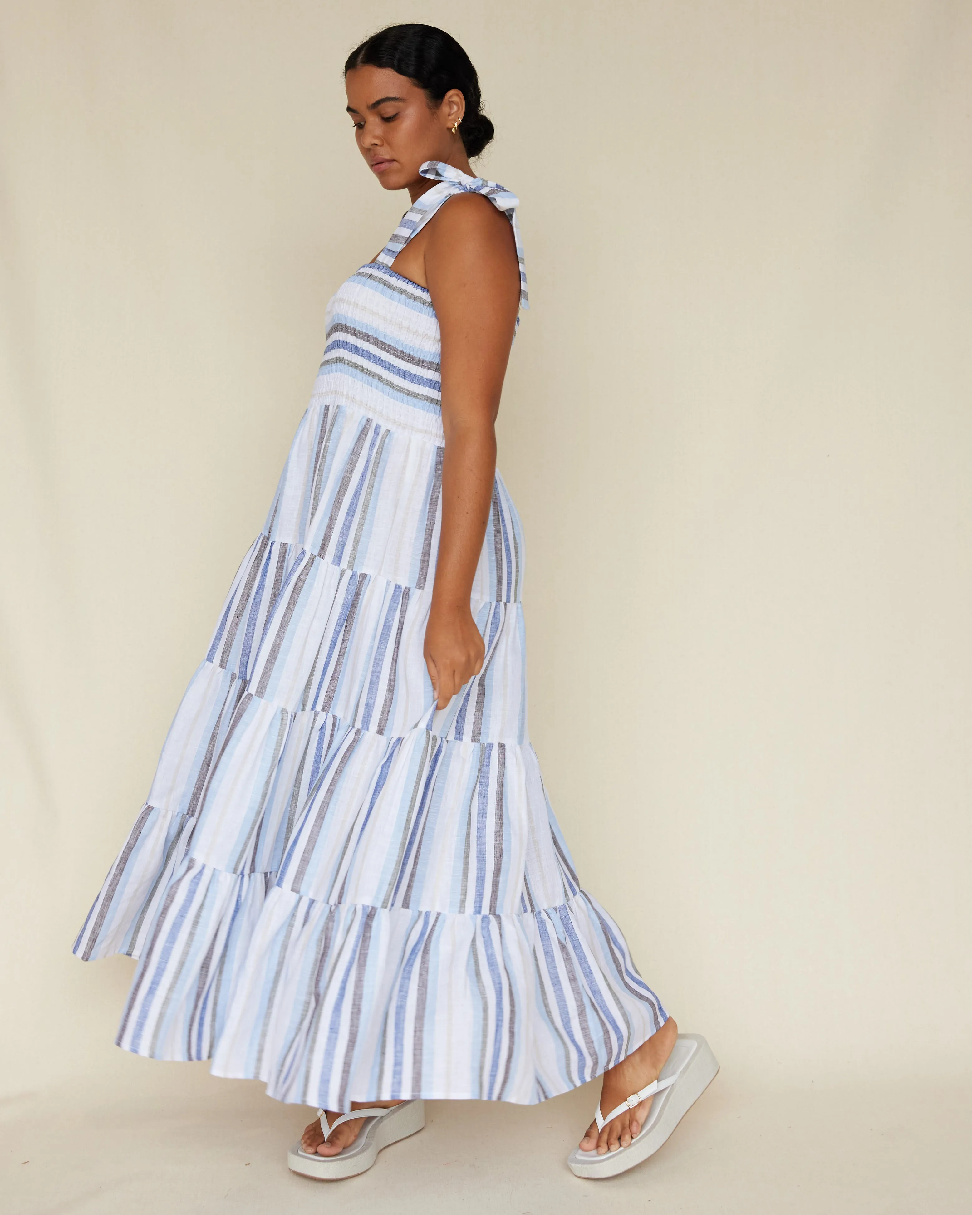 Zanci Stripe Linen Dress - Blue